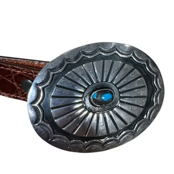 Vintage Western Concho Buckle Skinny Leather Belt 28 Brown Turquoise Stone Boho - Picture 4 of 8